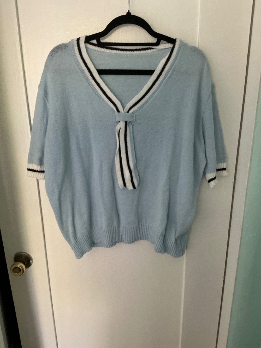 Women’s 2XL Light Blue Sweater Top Nautical Tie Neck Short Sleeve Knit